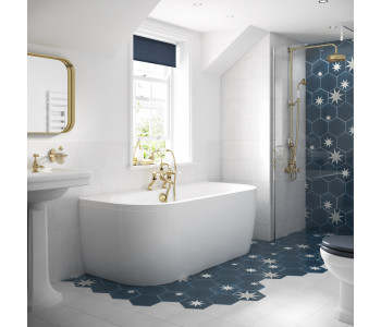 BC Designs Solid Blue Monreale Back To Wall Freestanding Bath With Panel