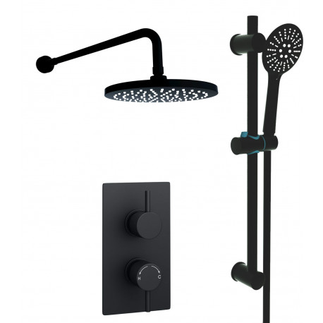 Kartell Nero Round Black Thermostatic Concealed Shower With Adjustable slider Rail Kit and Fixed Over Head Drencher