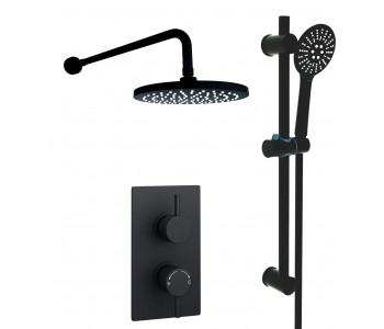 Kartell Nero Round Black Thermostatic Concealed Shower With Adjustable slider Rail Kit and Fixed Over Head Drencher