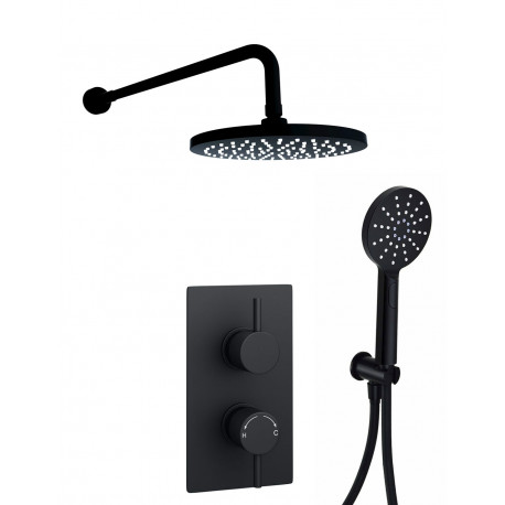 Kartell Nero Round Black Thermostatic Concealed Shower With Separate Handshower and Fixed Overhead Drencher