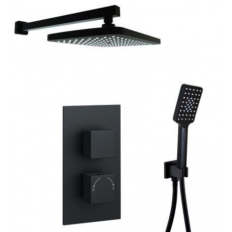 Kartell Nero Square Black Thermostatic Concealed Shower With Separate Handshower and Fixed Overhead Drencher