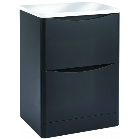 Iona Contour Matt Grey Floor Mounted Two Drawer Vanity Unit With Counter Top 600mm