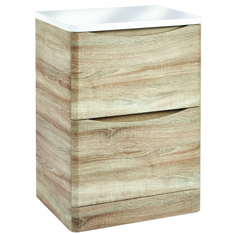 Iona Contour Driftwood Floor Mounted Two Drawer Vanity Unit With Counter Top 600mm
