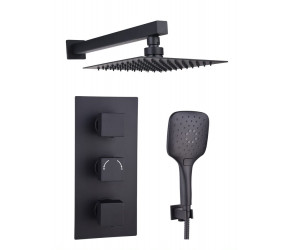 Tailored Orca Black Square Concealed Thermostatic 3 Handle 2 Way Shower Kit