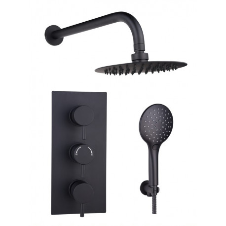 Tailored Orca Black Round Concealed Thermostatic 3 Handle 2 Way Shower Kit