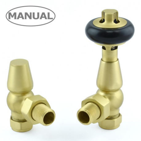 Wyvern Eton Brushed Brass Traditional Angled Manual Radiator Valve & Lockshield