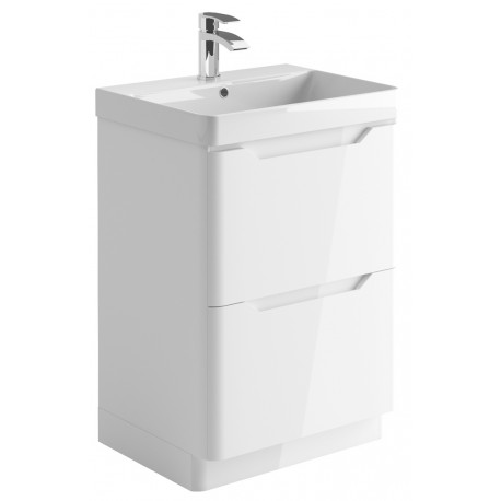 Iona Curve Gloss White Floor Standing Two Drawer Vanity Unit & Basin 600mm