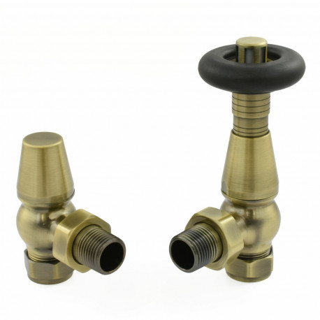 Wyvern Jaguar Antique Brass Angled Thermostatic Radiator Valve & Lockshield