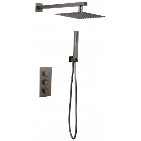 Tailored Gunmetal Black Square Concealed Thermostatic 3 Handle 2 Way Shower Kit