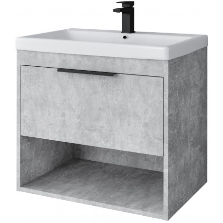 Tailored Prague Concrete 610mm Wall Hung Vanity Unit With Black Handle and Basin