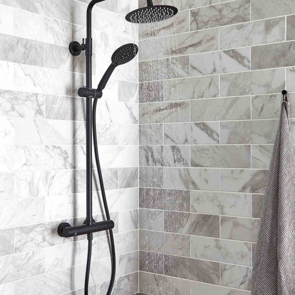 Kartell Nero Round Thermostatic Exposed Bar Shower with Ultra Slim Overhead Drencher and Sliding Handset