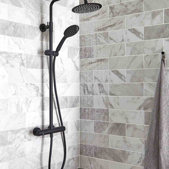 Kartell Nero Round Thermostatic Exposed Bar Shower with Ultra Slim Overhead Drencher and Sliding Handset