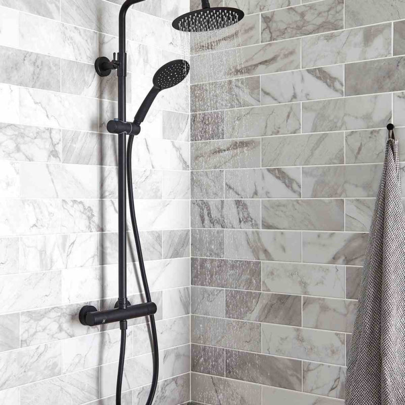 Kartell Nero Round Thermostatic Exposed Bar Shower With Ultra Slim Overhead Drencher And Sliding Handset