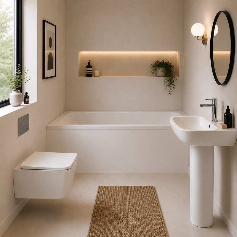 Nuie Barmby Single Ended Bath, Ambrose 450mm Basin & Pedestal & Ava Wall Hung Pan Package