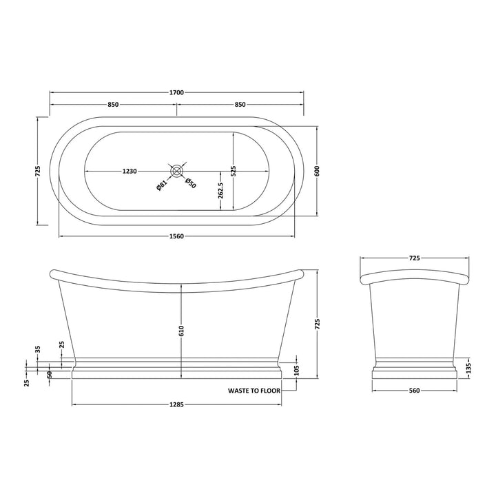 BC Designs Freestanding Traditional Boat Bath with Brass Inner 1700mm Brass