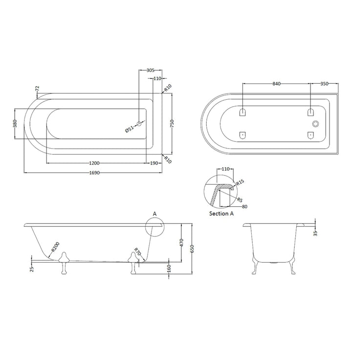 BC Designs Tye Floor Mounted Shower Bath with 1 Set Feet - 1700mm L x 750mm W White
