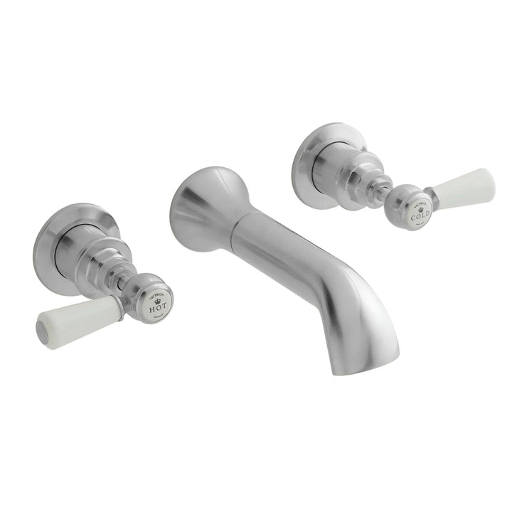 BC Designs Victrion Lever 3-Hole Wall Mounted Brass Bath Filler Tap with Spout Brushed Chrome