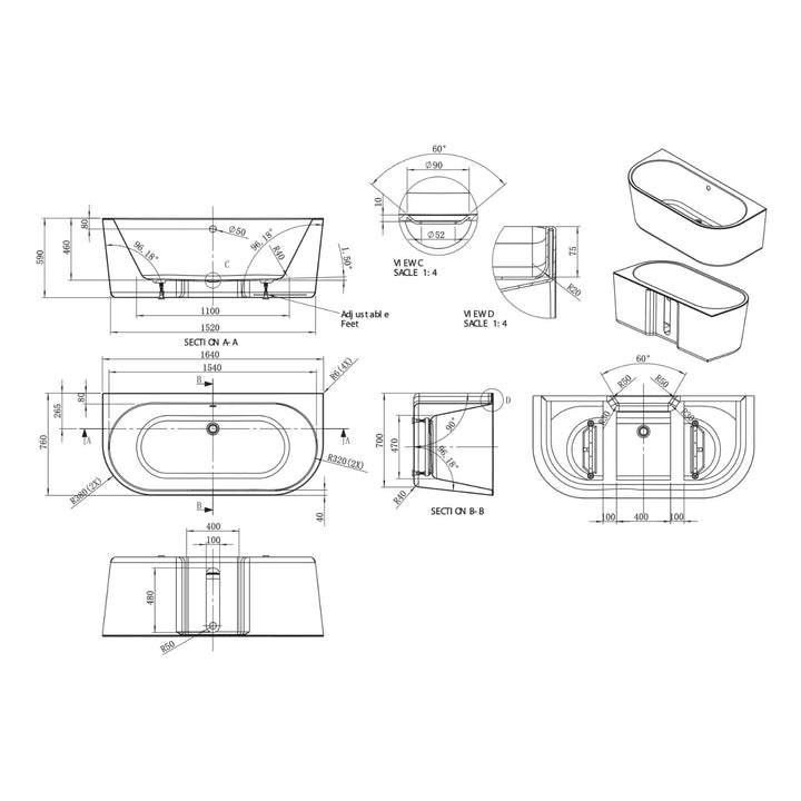 BC Designs Ancora Back to Wall Acrylic Curved Bath - 1640mm x 760mm White