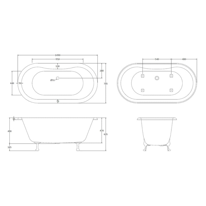 BC Designs Elmstead Double Ended Freestanding Bath with Feet Set 1 & Overflow - 1500mm L x 745mm W White