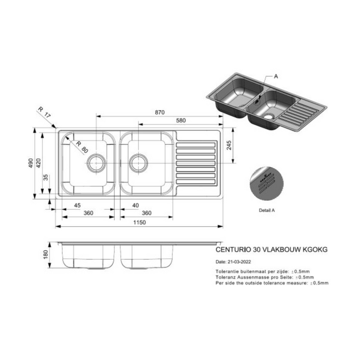 Reginox Centurio L30 Stainless Steel Integrated Kitchen Sink