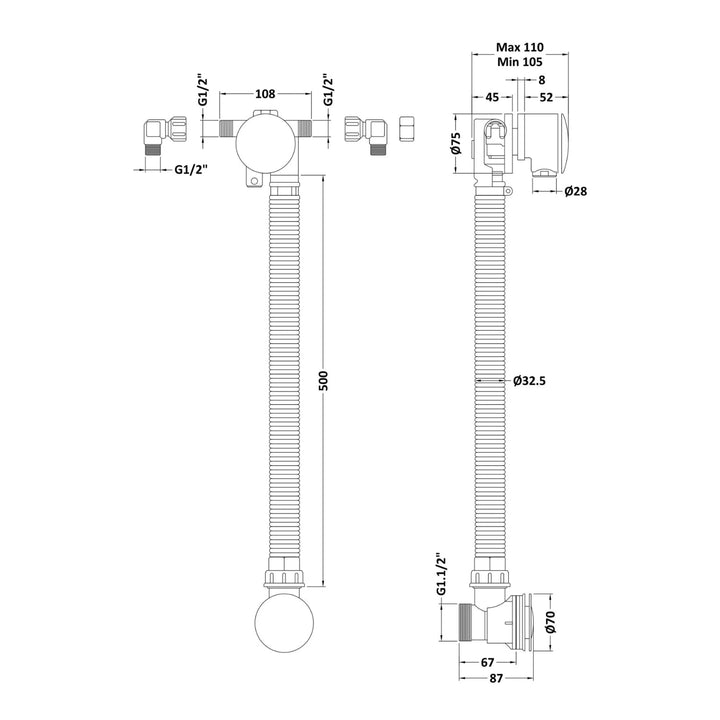 BC Designs Extended Push Down Overflow Bath Filler Waste Chrome