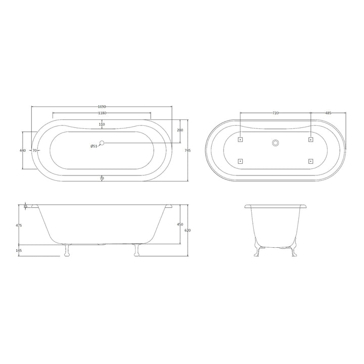 BC Designs Elmstead Double Ended Freestanding Bath With Feet Set 1 & Overflow 1700mm L x 745mm W White