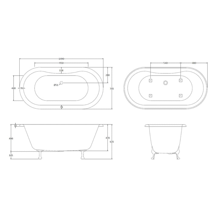 BC Designs Elmstead Double Ended Freestanding Bath with Feet Set 2 & Overflow - 1500mm L x 745mm W White