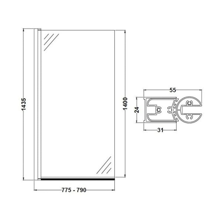 BC Design Straight Bath Screen - 1435mm L x 790mm W Polished Chrome