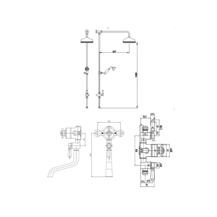 BC Designs Victrion Triple Exposed Shower Valve with Spout Bath Filler and 8-Inch Shower Head Brushed Chrome