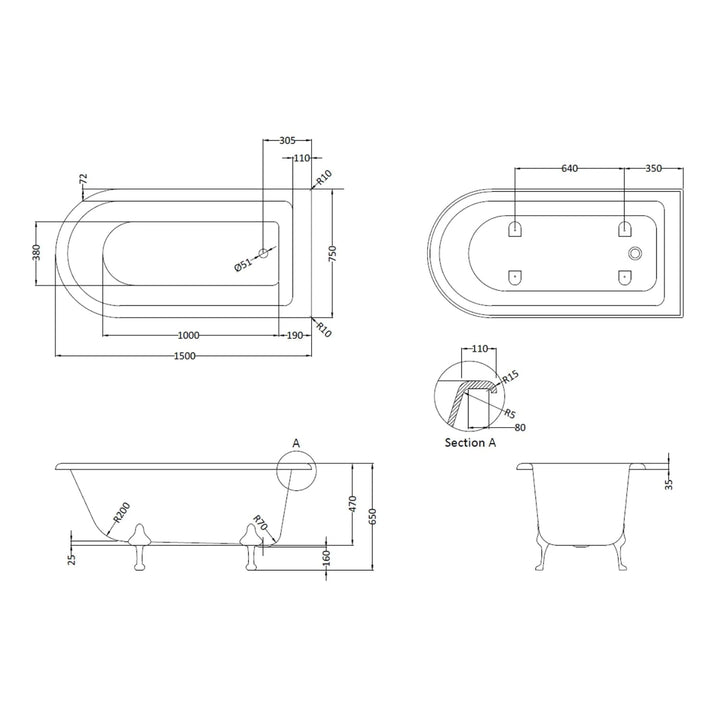 BC Designs Tye Floor Mounted Shower Bath with 2 Set Feet - 1500mm L x 750mm W White