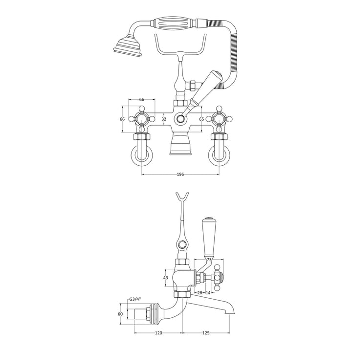 BC Designs Victrion Crosshead Brass Wall Mounted Bath Shower Mixer Tap Brushed Chrome Finish