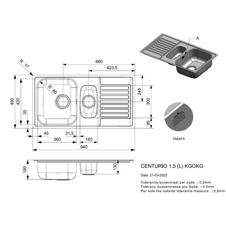 Reginox Centurio L1.5 Stainless Steel Integrated Kitchen Sink