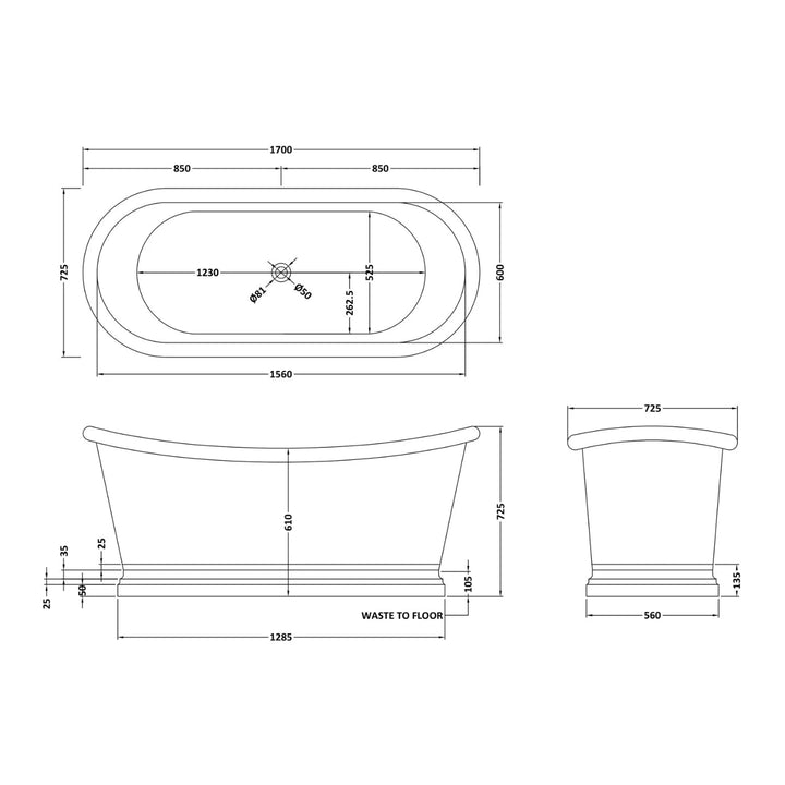 BC Designs Freestanding Traditional Boat Bath with Nickel Inner - 1700mm L x 725mm W Copper/Nickel