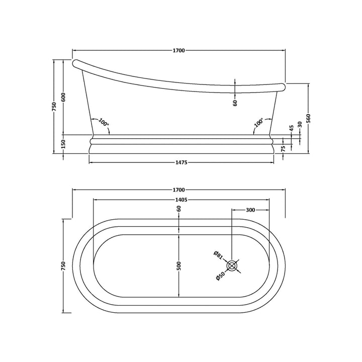 BC Designs Freestanding Traditional Slipper Bath - 1700mm L x 785mm W Copper/Nickel
