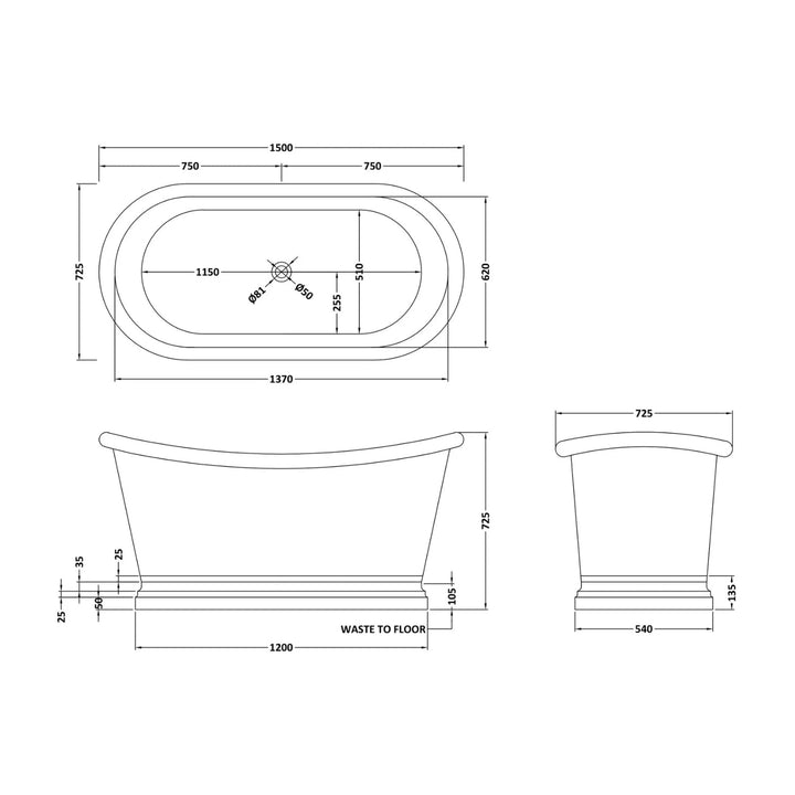 BC Designs Freestanding Traditional Boat Bath 1500mm L x 725mm W Copper