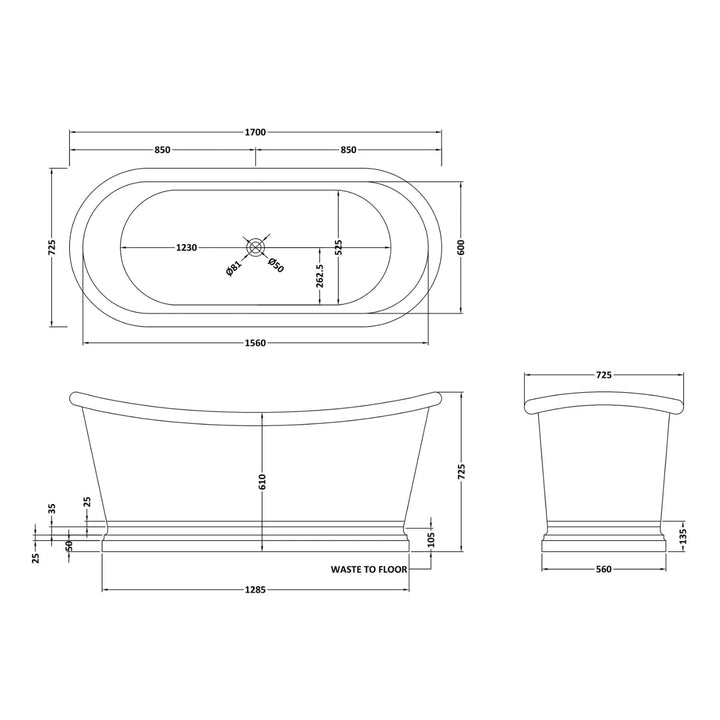 BC Designs Freestanding Traditional Boat Bath with Nickel Inner - 1700mm L x 725mm W Nickel