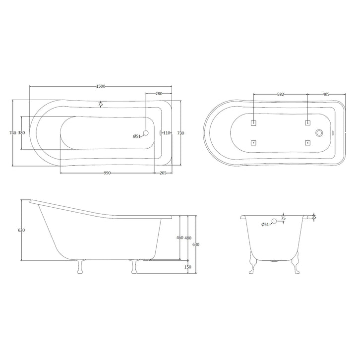 BC Designs Fordham Freestanding Bath with Feet Set 2 and Overflow - 1500mm L x 730mm W White