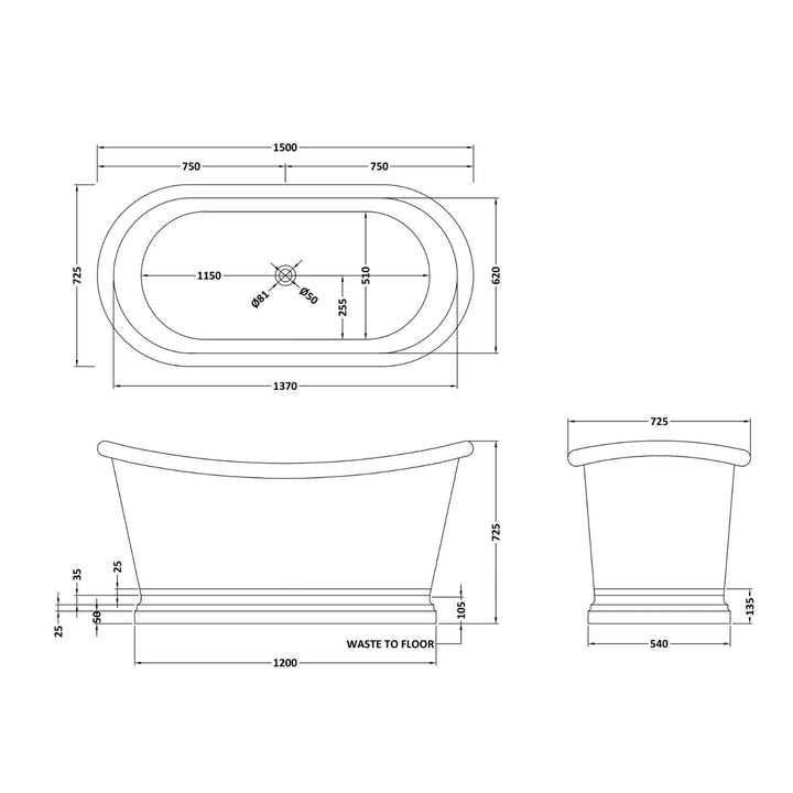 BC Designs Freestanding Traditional Boat Bath with Nickel Inner - 1500mm L x 725mm W Copper/Nickel