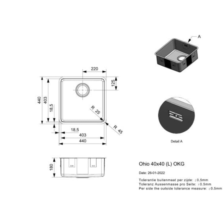 Reginox Ohio Square Stainless Steel Integrated Kitchen Sink