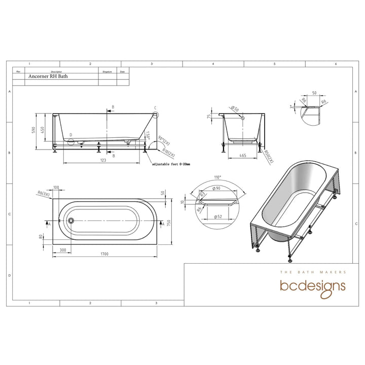 BC Designs Ancorner Straight Round Corner Shower Bath - 1700mm L x 750mm W White