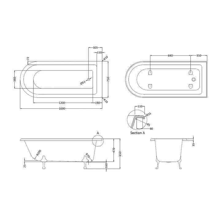 BC Designs Tye Floor Mounted Shower Bath with 2 Set Feet - 1700mm L x 750mm W White