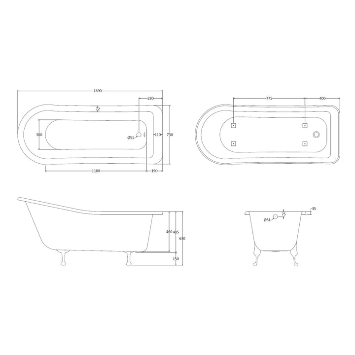 BC Designs Fordham Freestanding Bath with Feet Set 1 and Overflow - 1700mm L x 730mm W White