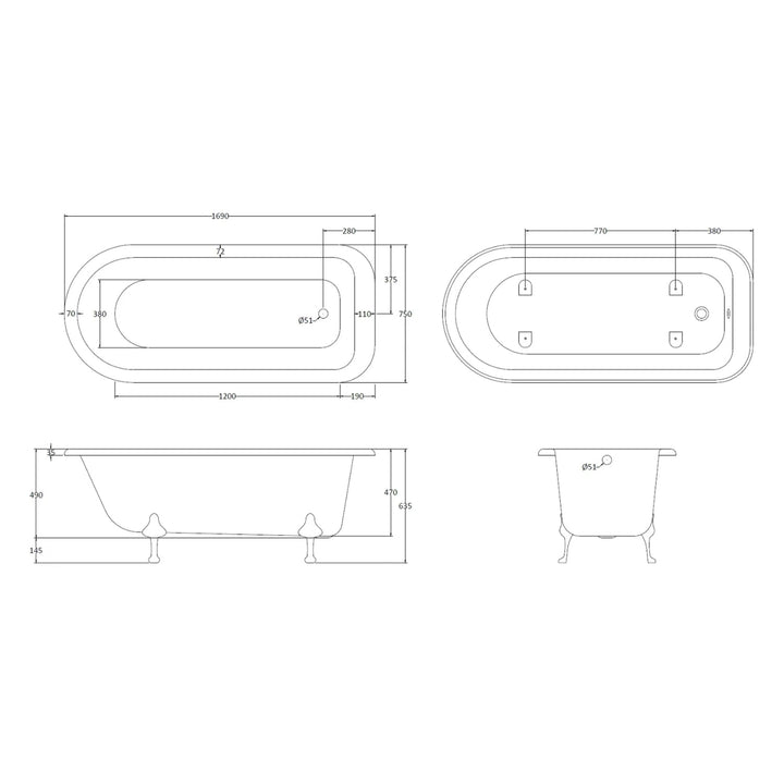 BC Designs Mistley Single Ended Bath with Feet Set 1 and Overflow - 1700mm L x 750mm W White