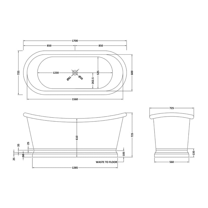 BC Designs Freestanding Traditional Boat Bath Outer/Inner 1700mm Antique Copper