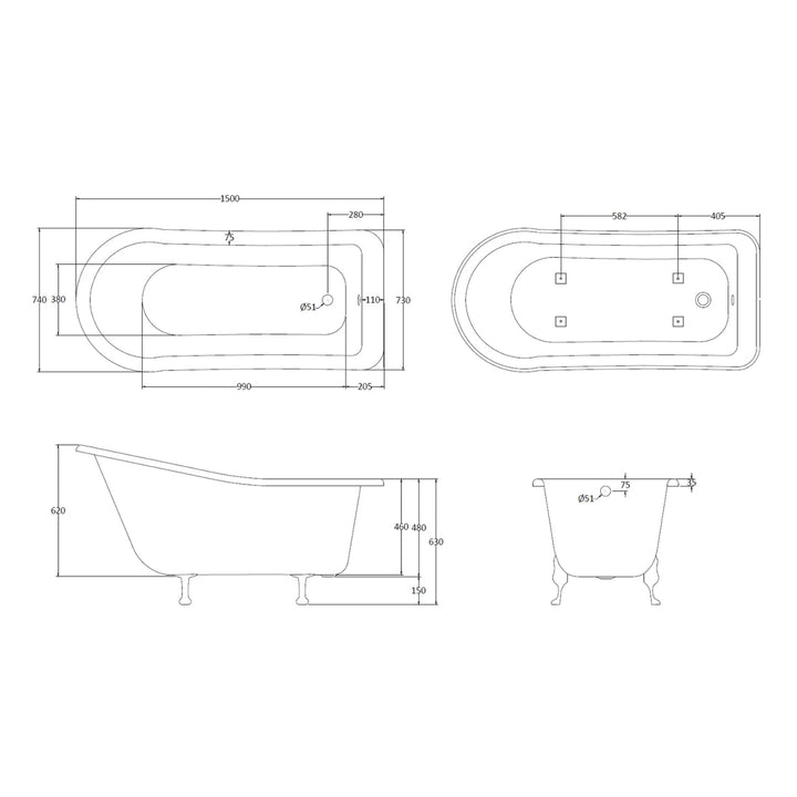 BC Designs Fordham Freestanding Bath With Feet Set 1 and Overflow - 1500mm L x 740mm W White