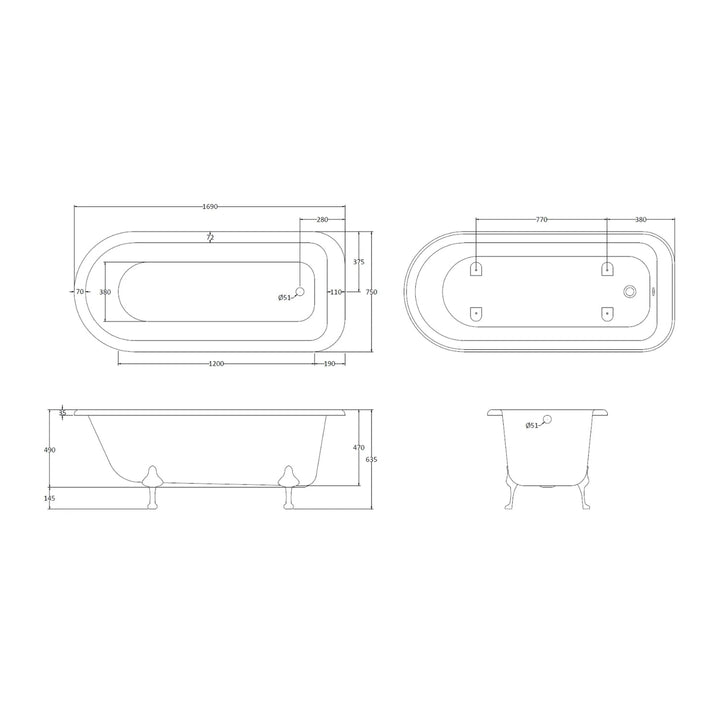 BC Designs Mistley Single Ended Bath with Feet Set 2 and Overflow - 1700mm L x 750mm W White