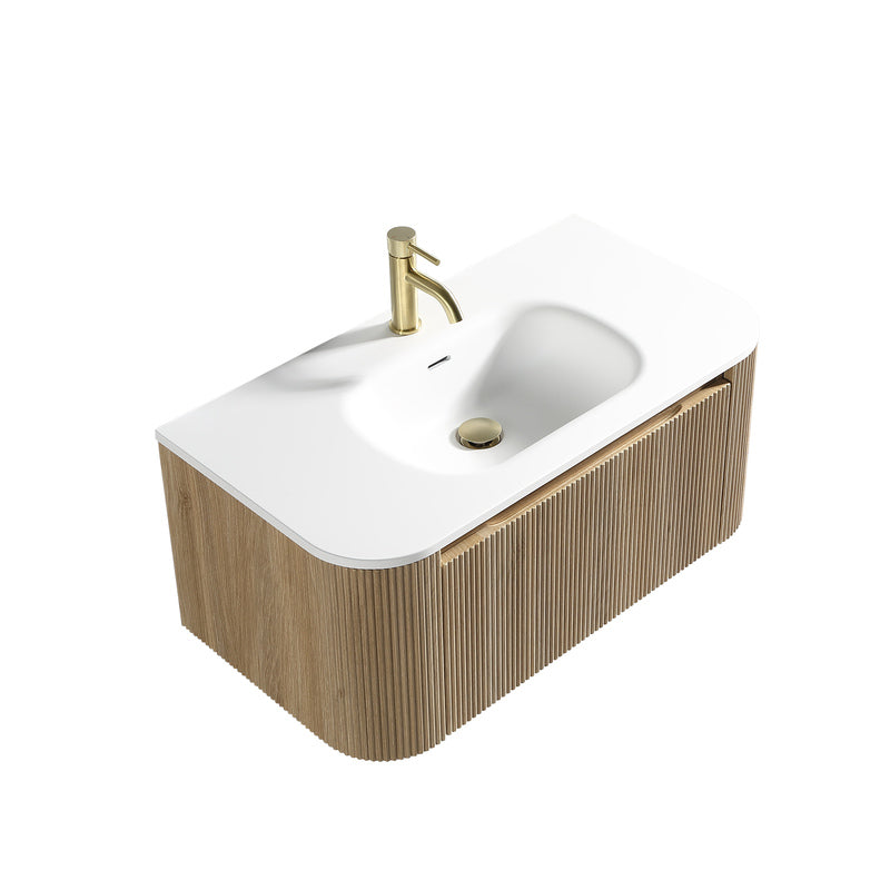 Tailored Bathrooms Flauto 870mm Wall Hung Curved Corner Vanity Unit with Matte Basin - Country Oak
