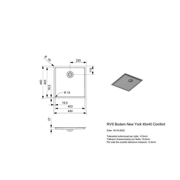 Reginox NEW YORK 40x40 BP Stainless Steel Double Bowl Bottom Plate Kitchen Sink Square