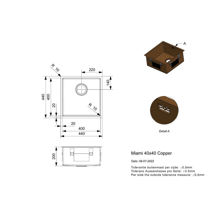 Reginox Miami Stainless Steel Single Bowl Copper Kitchen Sink