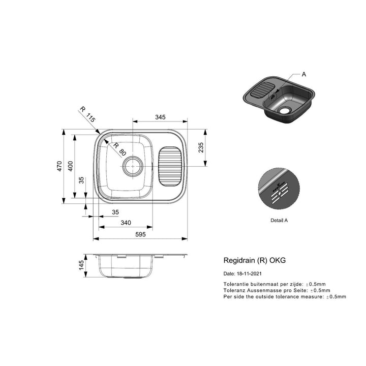 Reginox Regidrain 595 x 470mm Single Bowl Compact and Functional Kitchen Sink